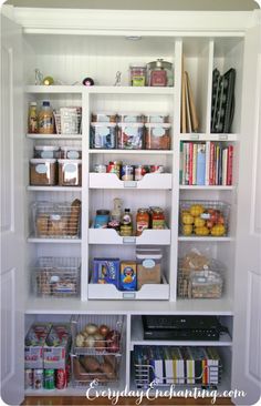 the pantry is organized and ready to be used as a storage area for all kinds of food