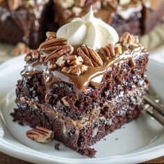 a piece of chocolate cake with pecans and whipped cream on top is sitting on a white plate