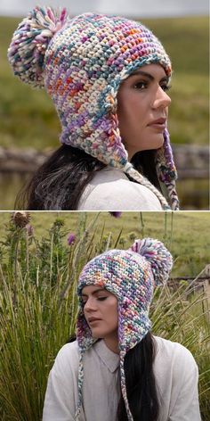 two pictures of a woman wearing a crocheted hat