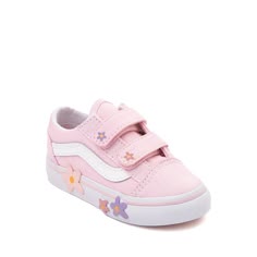 Vans Old Skool V Skate Shoe - Baby / Toddler - Pink / Floral | Journeys Custom Baby Vans Shoes, Kids Kawaii Shoes, Vans Shoes Baby Shower, Shoes Nicks White Kidsl, Shoes For Kids Png, Toddler Shoe Trends, Snikers Shoes For Kids, Custom Baby Shoes Glitter, Wavy Baby Vans