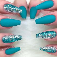 Teal Acrylic Nails, Teal Nail Designs, Nails With Glitter, Teal Nails, Turquoise Nails, Sparkle Nails, Silver Nails