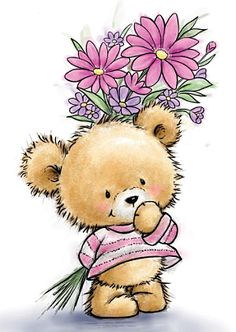 a brown teddy bear holding a bunch of pink flowers