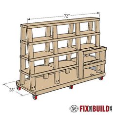 a drawing of a wooden shelf with drawers