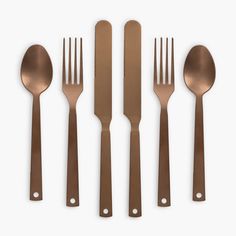 five forks, two spoons and one knife are arranged in a row on a white background