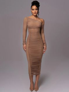 This midi dress is perfect for semi-formal events, such as cocktail parties, business casual meetings, or evening socials. Its unique design makes it a standout choice for those who want to make a statement without being overly formal. Materials: 93% Polyester, 7% Spandex Stretch Level: Medium stretch for a comfortable fit Style: Sophisticated and chic one-shoulder design Details: Long sleeves, midi length, form-fitting silhouette Waist Line: Natural waistline for a flattering look Pattern: Soli Midi Dress For Women, One Shoulder Midi Dress, Ruched Midi Dress, Long Midi Dress, Body Con Dress, Club Party, Sleeve Midi Dress, Bodycon Midi, Chic Sundress