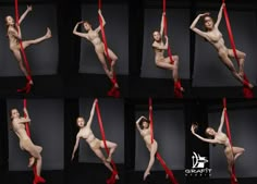 a series of photos showing different positions of a woman with red ribbon around her body