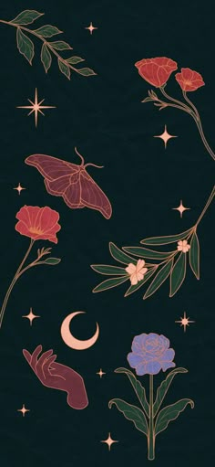 an image of flowers and stars on a black background