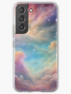 an iphone case with colorful clouds and stars in the sky on a white background phone cover