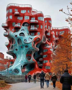 people walking in front of an unusual building