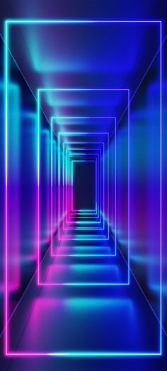 an image of a long hallway with neon lights on the walls and floor in it