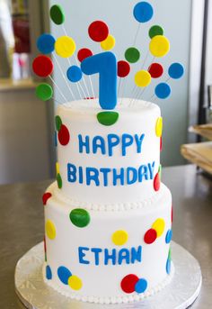 a birthday cake decorated with balloons and the number one on it's tiers