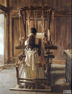 a painting of a woman weaving fabric on a loom in an old fashioned room