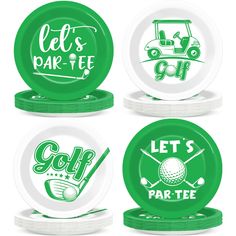 four green and white plates with golf related designs on them, all in different styles