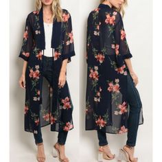 3/4 Flutter Sleeve Open Front Floral Long Kimono. Fabric Content: 100% Polyester Description: L: 47″ B: 42″ W: 42″ Long Kimono Outfit, Kimono Diy, Long Floral Kimono, Kimono Outfits, Eastern Fashion, Modern Kimono, Kimono Outfit, Mode Kimono, Chiffon Kimono