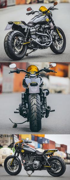 three different views of a motorcycle parked on the street