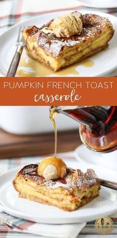 pumpkin french toast casserole on a plate with syrup being drizzled over it