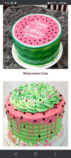 two cakes that are decorated with watermelon icing