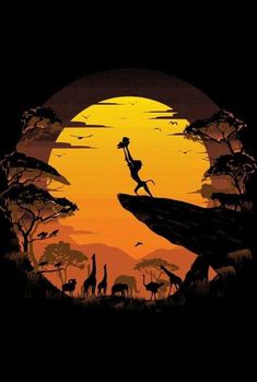 the lion king silhouetted against an orange sunset with giraffes and other animals