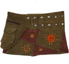 A handmade 12 inches short mini skirt in an earthy patchwork of green and brown with helio embroidery. The snap button wrap has a fanny pack on the waist - useful for carrying small items - from keys and cash to credit card. #tlb #WrapAroundSkirt #Pocket #Patchwork #hippieskirt Short Mini Skirt, Hippie Skirt, Hippie Skirts, Wrap Shorts, Hippie Look, Button Skirt, Trendy Skirts, Wrap Mini Skirt, Wrap Around Skirt