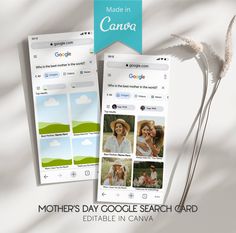 the mother's day google search card is displayed on an image with grass in front of it