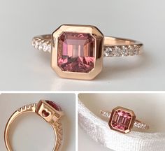 three different views of an engagement ring with a pink tourmaline