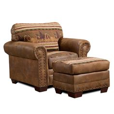 a brown chair and ottoman sitting next to each other