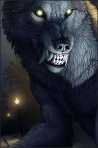 a wolf with glowing eyes and fangs on it's face