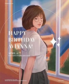 a woman standing in front of a window with the words happy birthday avana on it