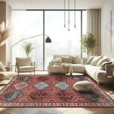 a living room filled with furniture and a large rug on top of a hard wood floor