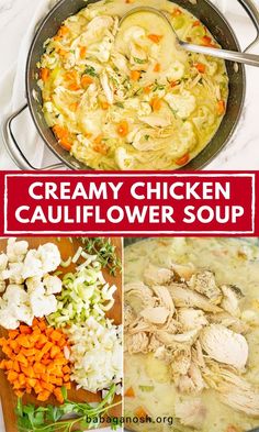 creamy chicken cauliflower soup with carrots and celery in a pan