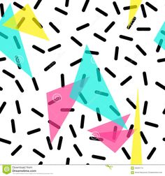 an abstract background with different shapes and lines on white paper in the center, including pink, blue, yellow, and green triangles