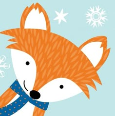 an orange and white fox wearing a blue scarf with snowflakes in the background