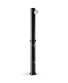 a black metal pole with a red and white logo on the top, in front of a white background