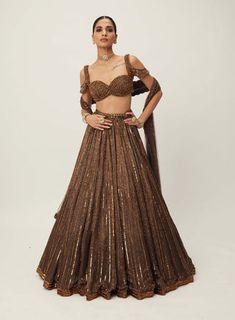 Copper crystal linear embroidered lehenga set Off Shoulder Lehenga Blouse, Copper Lehenga, Brown Lehenga, Cancan Skirt, Vani Vats, Cutdana Embroidery, Cold Shoulder Sleeves, Tuxedo Accessories, Organza Embroidery