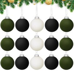 twelve black and white christmas balls hanging from a tree branch with gold ornaments on it