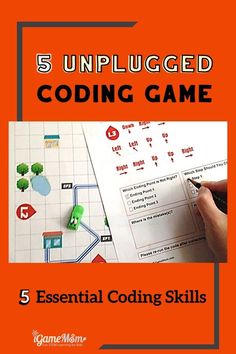 the 5 unplugged code game is shown in red and black with an orange background