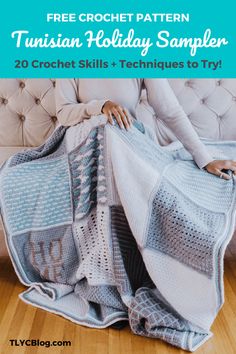 a woman is sitting on a couch holding a crocheted blanket with the words turkish holiday sampleer