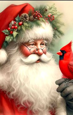 a painting of santa claus holding a cardinal