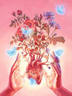 two hands holding a heart shaped plant with butterflies flying around it on a pink background