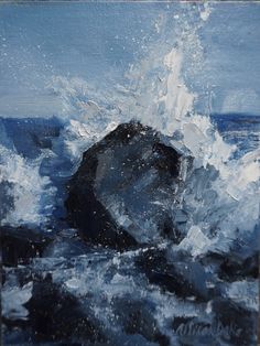 an oil painting of waves crashing on rocks