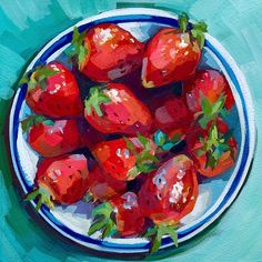 a painting of strawberries on a blue and white plate