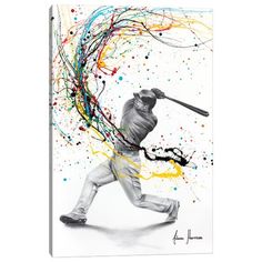 a painting of a baseball player holding a bat with paint splatters all over it