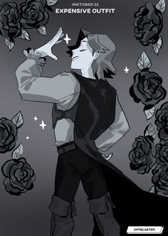 an image of a man in black and white with roses around him, looking up at the