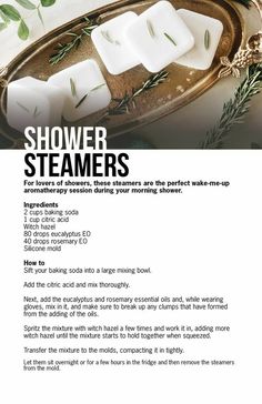 an advertisement for shower steamers with soap cubes and rosemary sprigs on it