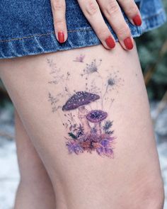 Enchanted Fungi: Colored Mushroom Tattoo Surrounded by Crystals by Demet Eken Beautiful Mushroom Tattoo, Mushroom And Dragonfly Tattoo, Mushroom Finger Tattoo, Fungi Tattoos, Mushroom House Tattoo, Enchanted Forest Tattoo, Cottagecore Tattoos, Mushrooms Tattoo, Enchanted Tattoo