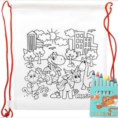 a drawsack bag with crayons and markers on it, including an adult coloring book