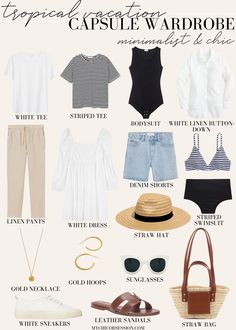 Minimalist Summer Vacation Outfit, Minimalist Vacation Packing, Tropical Travel Capsule Wardrobe, Carribean Vacation Capsule Wardrobe, Beach Weekend Capsule Wardrobe, Capsule Beach Wardrobe, Palm Springs Capsule Wardrobe, Beach Outfit Capsule, Hawaiian Vacation Capsule Wardrobe