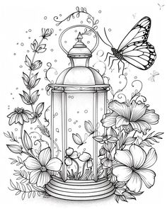 a lantern surrounded by flowers and butterflies with a butterfly flying over the light on top