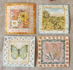 four paintings on tile with flowers and butterflies