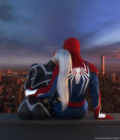 a spider - man sitting on top of a building next to a woman with long white hair